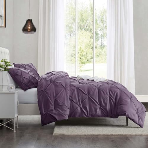 Image of Nestl Purple Duvet Cover Full Size - Soft Double Brushed Duvet Set with Button Closure & Corner Ties, 3 Piece Luxurious Pinch Pleated Duvet Cover Set 80x90 Inches with 2 Pillow Shams