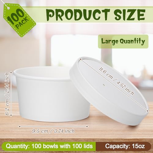 Image of Fulmoon 15 oz 100 Pack Paper Containers with Lids Soup Bowl Cup, White