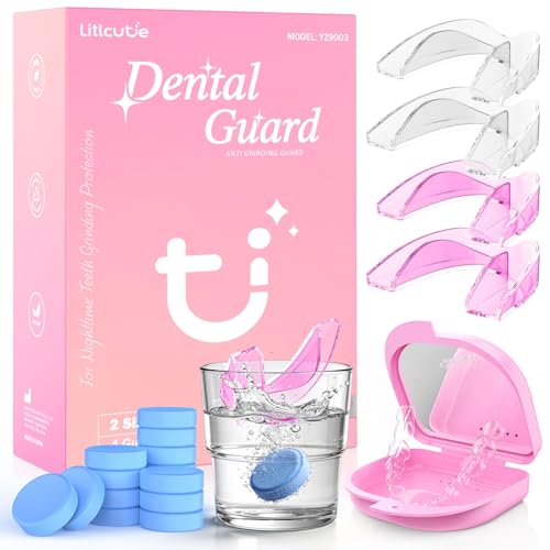 Litlcutie Protector Bucal Anti Rechinamiento,2 Tamaños (Pack de 4),Protectores Bucales para Adultos, Protectores Nocturnos para el Rechinamiento Dental,Fundas Protectoras con Lupa 5x,Rosa+Transparente