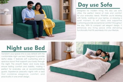 Image of Rosebell -3 Seater Upholstered Armless Sofa Cum Bed with Backrest | Velvet Fabric Finish | Modern Living Room & Bedroom -Green
