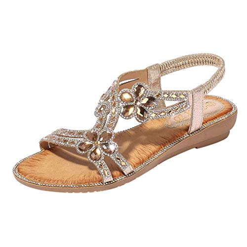 Women's Flat Sandals Bohemian Crystal Flats Low Wedge Rhinestone Open Toe Ankle Elastic Flip Flops for Wedding