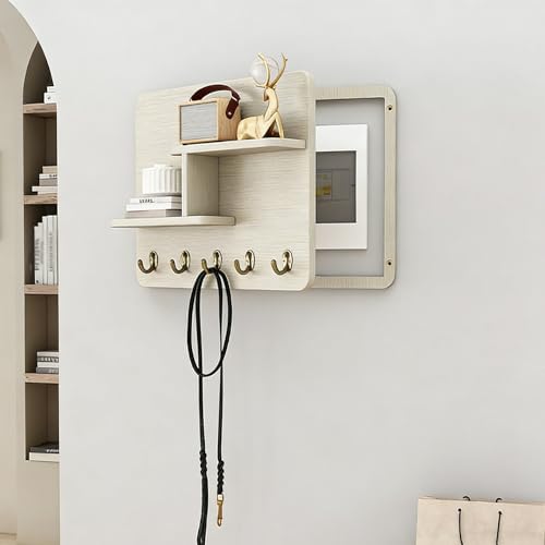Fuse Box Cover Cabinet, Wall Mounted Fuse Box Cover Cabinet, Wooden with Shelf &amp; Hooks, for Living Room Home Office(Beige-b,60 * 40cm/23.6 * 15.7in)