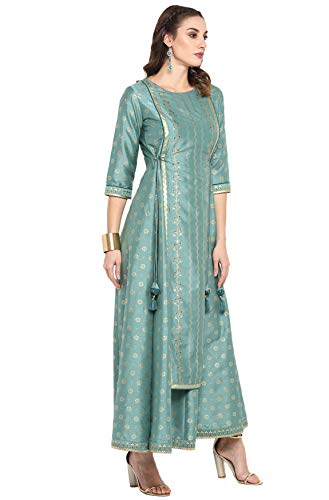 Janasya Indian Women's Green Foil Print Festive Wear Ethnic Dress for Women3