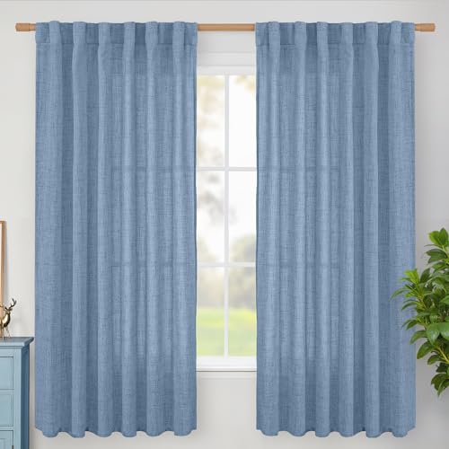 BGment Denim Blue Linen Curtains 63 Inches Long for Living