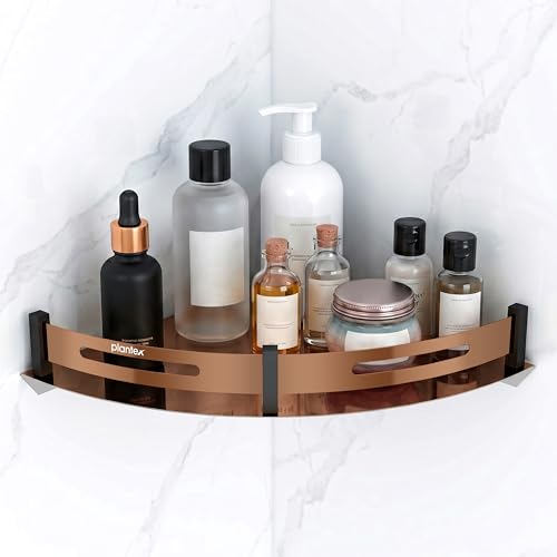 Image of Plantex Bathroom Corner Rack for Wall /Stainless Steel Shelf for Bathroom Corner with Railings /Bathroom Accessories Holder (12x12 inches, PVD Rose Gold & Black)