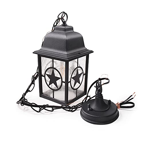 Coramdeo Country Star Outdoor Farmhouse Pendant Light For Patios, Porches, And More, E26 Standard Socket, Suitable For Damp Location, Black Powder Coat Cast Aluminum With Seedy Glass #TOP4