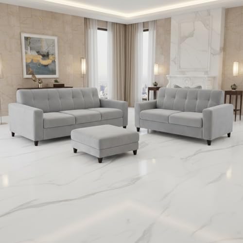 Image of Homeboy Luxe Velvet-Suede Fabric 3 + 2 Seater with Ottoman Sofa Set | Comfortable & Spacious Seating for Upto 6 Person | Modern Sofa Set for Living Room - Light Grey