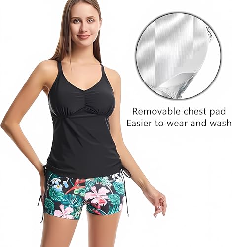 EVCRIERH 2 Piece Women Tankini Swimsuits Elastic Athletic Bathing Suits Tops with Boyshorts Printed Tummy Control Swimwear (as4, alpha, s, regular, regular)