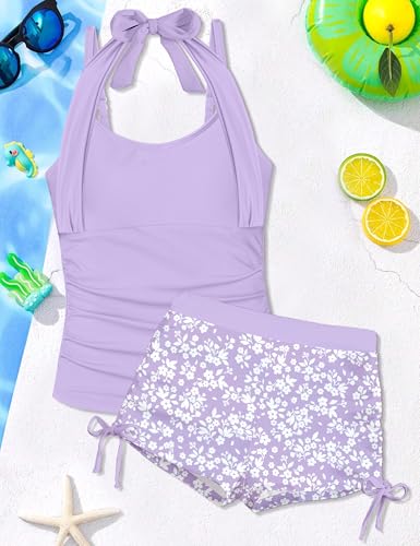 Image of Girls Swimsuit 2 Piece Halterneck Girls Tankini Swimsuit Drawstring Printed Swim Shorts Girl Bathing Suit for 7-18T