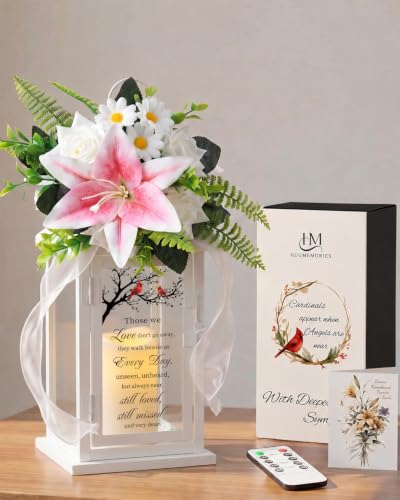 HugMemories in Memory of Loved One Memorial Lantern with Flower, Sympathy Bereavement Gift for Loss of Father Mother, Funeral Tribute Gift for Grief Comfort