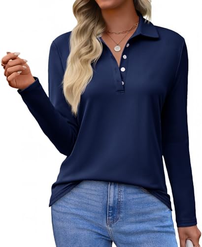 Tankaneo Womens Long Sleeve Polo Shirts Business Work Casual V Neck Collared Tops Button Down Loose Fit Tees Shirts Navy