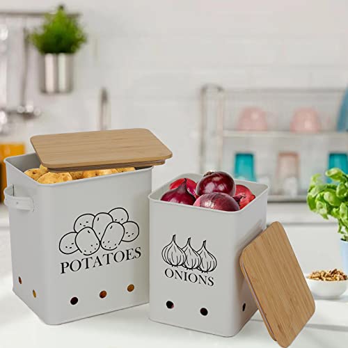 Image of Kitchen Vegetable Storage Tins Set of 2 for Potatoes, Onion, with wooden lid Garlic Bin Caddy, Long Shelf Life-white