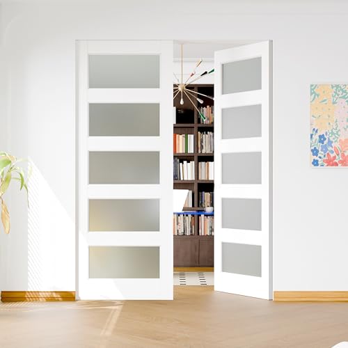 Image of 48 inch x 80 inch French Interior Door, 5 Lite Tempered Frosted Glass Panel for Pantry & Bedroom, Double Pre-drilled Holes Slab Doors, White Primed, Assembly Required (Hinges Not Included)