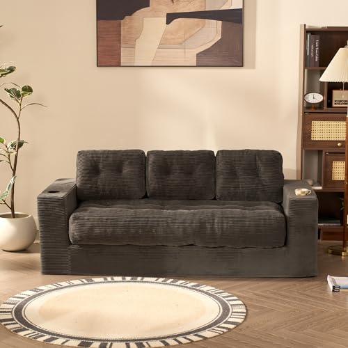 Litbird 3 Seater Sofa Space-Saving Boneless Sofa in a Box with Cushions & Cup Holders Corduroy Floor Sofa with Backrest No Assembly Required for Small Spaces & Teens Grey