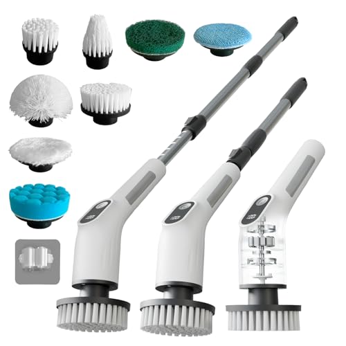 Electric Spin Scrubber with 4000mAh Battery 380-500 RPM 8 Replaceable Brush Heads Adjustable Handle for Bathroom Kitchen & Floor Cleaning
