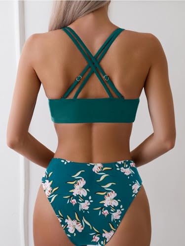 Image of Fanuerg Women's Sexy V Neck Bikini Sets Hollow Out Two Piece Swimsuits Cutout Mid Waist Bathing Suit