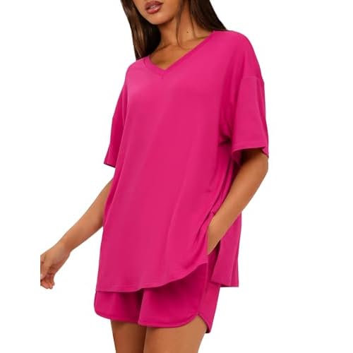 Marvmys Womens Pajama Sets Short Sleeve Pajamas V Neck Sleepwear Oversized Pjs Summer Lounge Sets with Pockets S-XXL Small Rose Pink