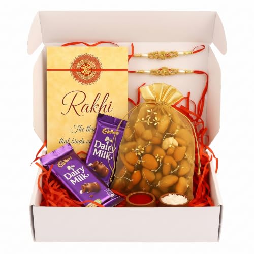 Image of Bay Nut Premium Rakhshabandhan /Rakhi Gift Hmaper Assortment Of Nuts & Dried Fruits 150gm, 2 rakhi, 2 choclates, kumkumchawal, greeting card (h-2)