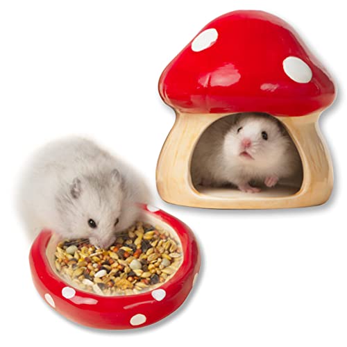 Mushroom Shape Ceramic Cute Shape To Prevent Upset Hamster House Food Feeding Bowl Gerbils Chinchilla Ferret Hedgehog Small Animals (Red Mushroom Set) #TOP24