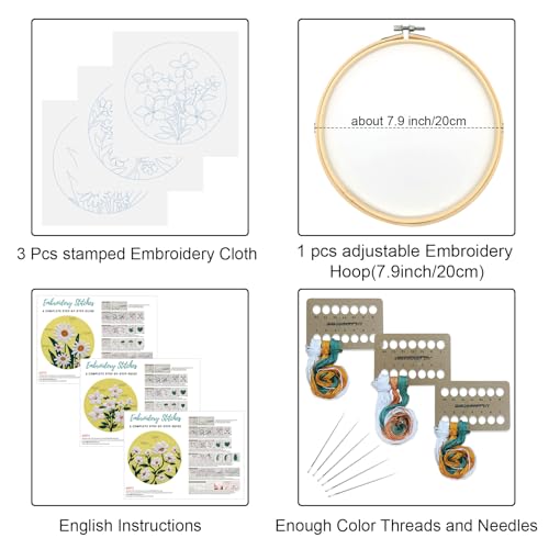 Image of Louise Maelys 3 Pack Floral Embroidery Kit for Beginners with Supplies | Pre-printed Patterns|Hoop| Threads|Instructions|Ideal Cross Stitch Kits for Adults|DIY Needlepoint Kit for Starter Supplies