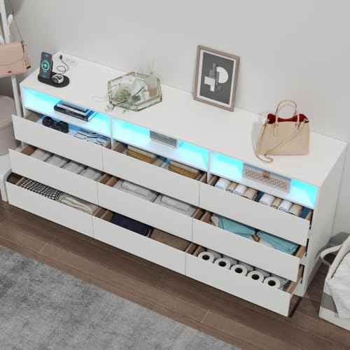 Image of Loomie 9 Drawer White Dresser with Charging Station