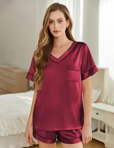 Image of Silk Pajamas for Women Short Sleeve Satin 2 Piece Pj Set Soft V Neck Sleepwear Loungewear, S-XXL