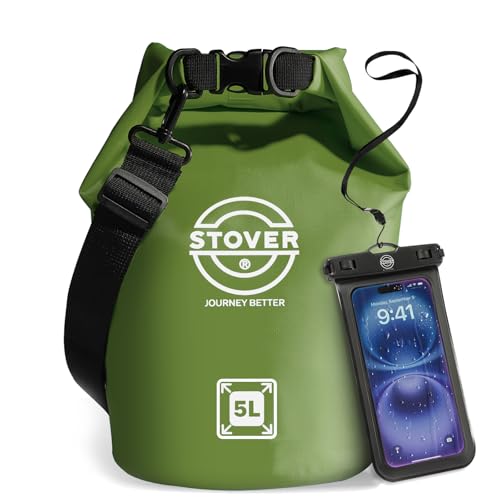 Image of STOVER 5 /10 /25 /30 /40L Waterproof Dry Bag, Small Lightweight Roll Top Dry Bag Backpack w /Waterproof Phone Case, Kayaking, Travel, Hiking, Fishing, Tubing, Camping, the Beach, Men /Women (Green)