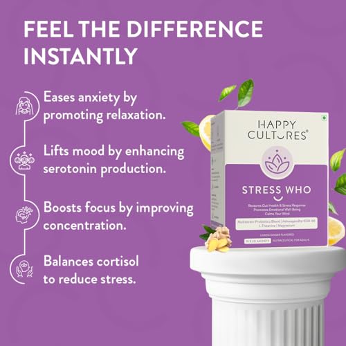 Image of Happy Cultures Stress Who - Ashwagandha KSM66, Magnesium & L-Theanine, Probiotics blend, Anxiety & Stress Relief For Men & Women | Supports Relaxation | Clinically tested, No Side Effects | Lemon & Ginger Flavored - 15 x 2g (Sachets)