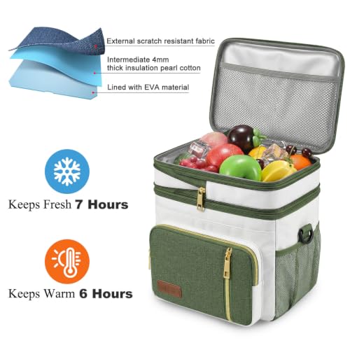 Image of MIYCOO Lunch Bag & Lunch Box for Women Men - Double Deck Leakproof Insulated Soft Large Adult Camping Cooler Bag for Work, Beach, Picnic, Travel (Green White, 15L)