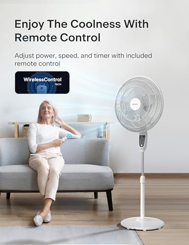 Image of PELONIS 18 inch 5-Blade Adjustable Oscillating Pedestal Fan with Remote, White | White Standing Fan with 90 Oscillation and 24 Tilt, 5-Speeds, 4 Modes, Eco Control, 7-Hr Timer for Living Room and Office