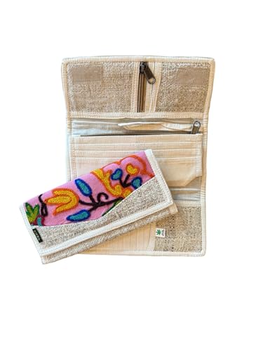 Asatre Hemp Tri-Fold Embroidered Wallet - Pink or Green (Pink)
