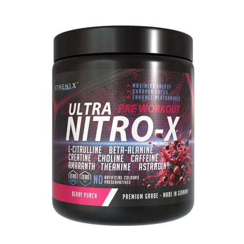 ATHENIX® Ultra Nitro-X Pre-Entrenamiento | Berry Punch | 5000 mg L-Citrulina + 2500 mg de Beta-Alanina + Creatina, Cafeína, AstraGin® | Energía explosiva, enfoque y bombas | 28 porciones | Fabricado