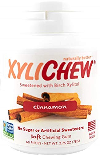 Xylichew 100% Xylitol Chewing Gum Jars - Non GMO, Gluten, Aspartame, and Sugar Free Gum - Natural Oral Care, Relieves Bad Breath and Dry Mouth - Cinnamon, 60 Count (Pack of 4)
