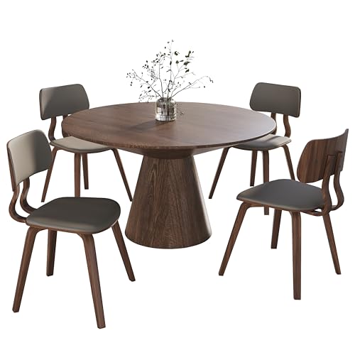 LeisureMod 5-Piece Round Dining Set, Walnut Wood Table and 4 Light Grey Leather Dining Chairs, Modern Kitchen and Home Furniture