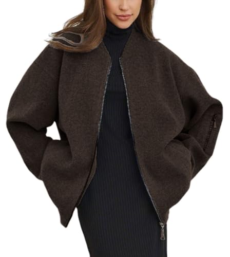 CHARTOU Winter Oversized Wool Jacket For Women Zip Up Bomber Jacket Short Pea Coat