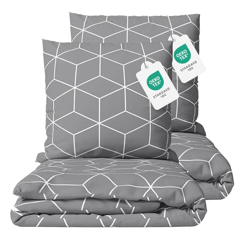 Class Home Collection Bettwäsche 135x200 cm - 4-teiliges Renforce Bettwäsche-Set aus Baumwolle mit Reißverschluss, Cube Design in Grau, für...