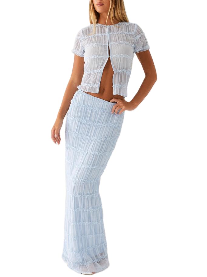 Women Y2k 2 Piece Maxi Skirt Set Ruched Short Sleeve Crop Top Flowy Ruffle Long Skirt Outfits Streetwear