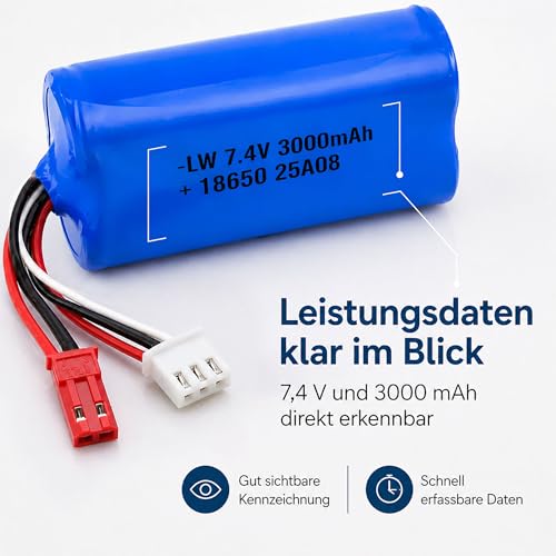 2 x 7.4V 3000-mAh 2S Li-Ion 18650 Akku mit Dual-Ladegerät, Wiederaufladbarer Akkupack Batterie m. JST BEC Stecker, RC Modellbau, Auto, Hubschrauber, Drohne, Boot, Bagger, Monstertruck, DIY, Spielzeug – Bild 7