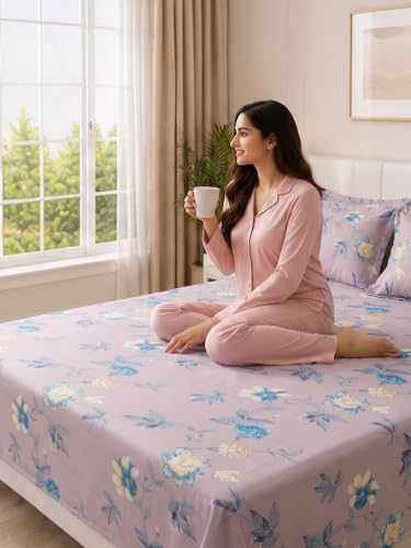 Image of Mafatlal 130 GSM Pearl Double Size Bedsheet with 2 Pillow Covers | 90 x 100 Inches | Soft Microfiber Fabric | Lightweight, Quick Dry, Color Lock, Smooth Finish for Everyday Comfort | Lavender Floral