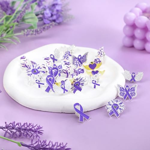 Image of 24 Pcs Purple Ribbon Awareness Pins Accessories Domestic Violence Items Epilepsy Awareness Hope Butterfly Accessories Gifts Bulk for Lupus Epilepsy Pancreatic Cancer Alzheimers Charity Party Supplies