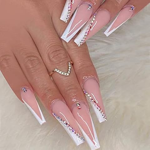 Press On Nails Diamond French False Nails, 24 Pcs Long Nail Sparkling Tips with Glue Fake Nails, Nude and White Crystal Stick on Glitter,Ballerina Nail Art Nails for Women (#01) Cover
