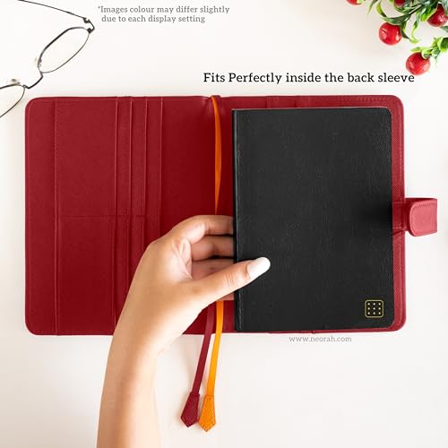 Image of NEORAH - B6 Notebook SLEEVE with SNAP Button + Dotgrid JOURNAL | Faux Leather Sleeve + Penloop | 2 Front 1 Back compartment | 6 Card Slots - RED