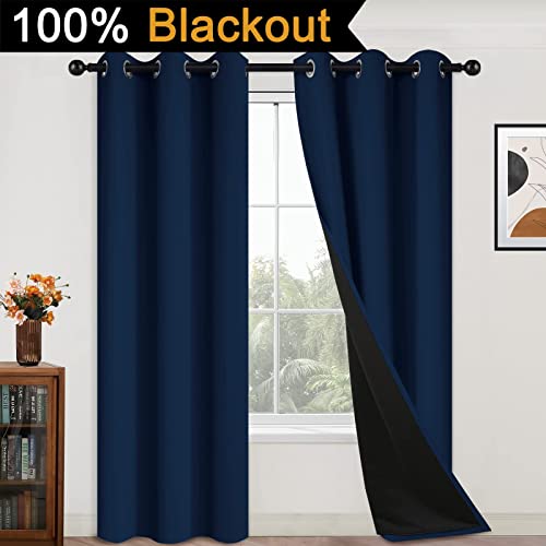 Image of Yakamok Navy Blue 100% Blackout Curtains 84 Inches Long 42 inch Wide, 2 Panels | Blackout Curtain Panels for Bedroom, 2 Thick Layers Grommet Top Thermal Insulated Drapes with Black Liner for Living Room