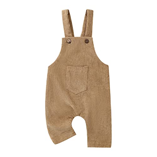 Baby Boy Girl Corduroy Overalls Solid Suspender Bib Pants One-Piece Strap Jumpsuit Pocket Fall (Khaki, 6-12 Months)