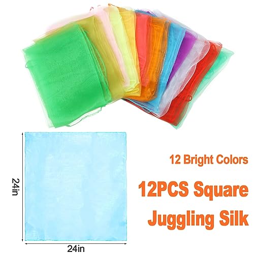 KIMOBER 12PCS Square Dance Scarves,12 Colors Juggling Silk Magic Tricks Music Movement Scarf Props for Kids Toddlers Children(24in × 24 Inches)3
