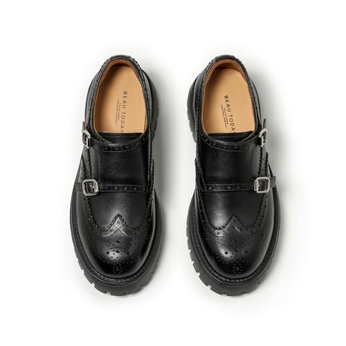 Image of BEAU TODAY Chunky Loafers for Women, Women's Leather Platform Loafers, Lug Sole Tassel Slip On Loafers Shoes Brogues Wingtip Casual Business Shoes Comfortable Dressy