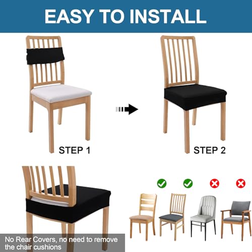 Image of Smiry Waterproof Seat Covers for Dining Room Chairs, No Rear Covers | Stretch Jacquard Removable Washable Chair Seat Slipcovers Protector, Set of 8, Black