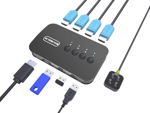 HDMI KVM Switch 4 Port - KVM Switch 4 Computers Share Keyboard Mouse Printer,Flash Drive,HD Monitor, Support 4K@30Hz, 4 Cables 1 Desktop Controller Included