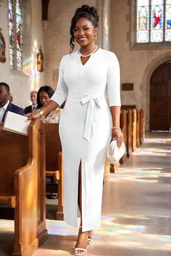 Image of Nmoder Long Maxi Dress for Women, Pencil Church Bodycon Dress Front Split | 3 /4 sleeve v neck, curvy tea party work semi formal cocktail funeral date bridesmaid dress, colorblock, m-3xl