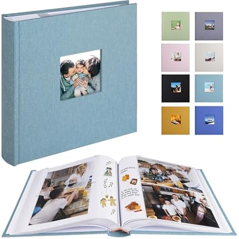 1DOT2 Photo Album with Writing Space 50 Pages 4x6 Photos Hold 200 or 5x7 Pictures Hold 100, Linen Cover Small Photo Book Albums with Memo for Anniversary Wedding Baby (Cyan Blue) Cover